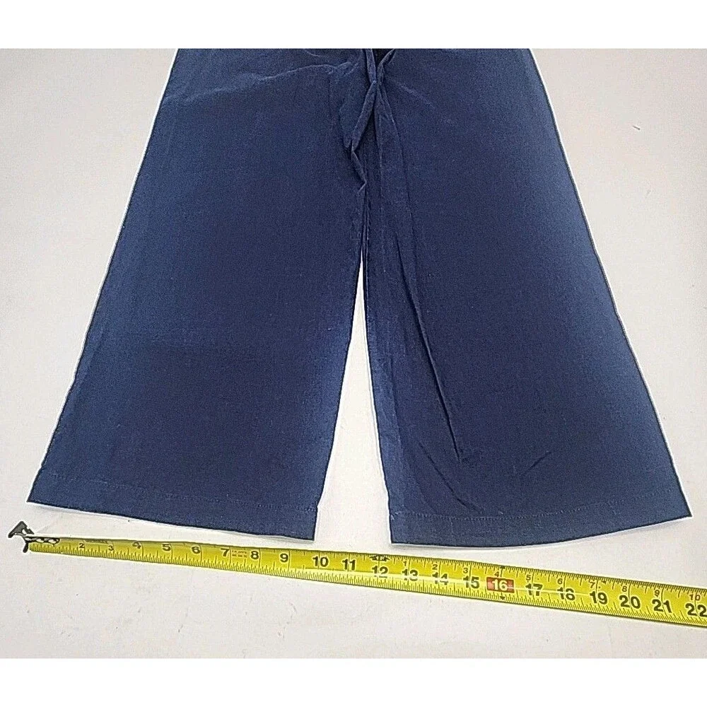 J Crew Pants Linen Blend Blue Wide Leg Elastic Waist Tie Women Size 6 Pull-On